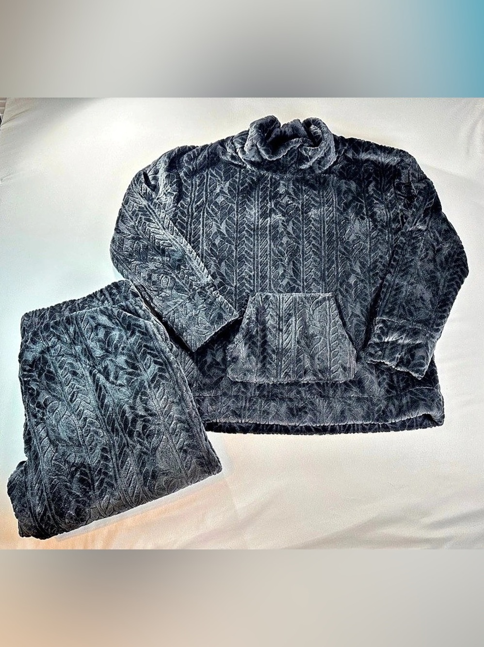 Koolaburra by UGG Fuzzy Fleece Funnel Neck Lounge Set Plush Patterned Large Blac